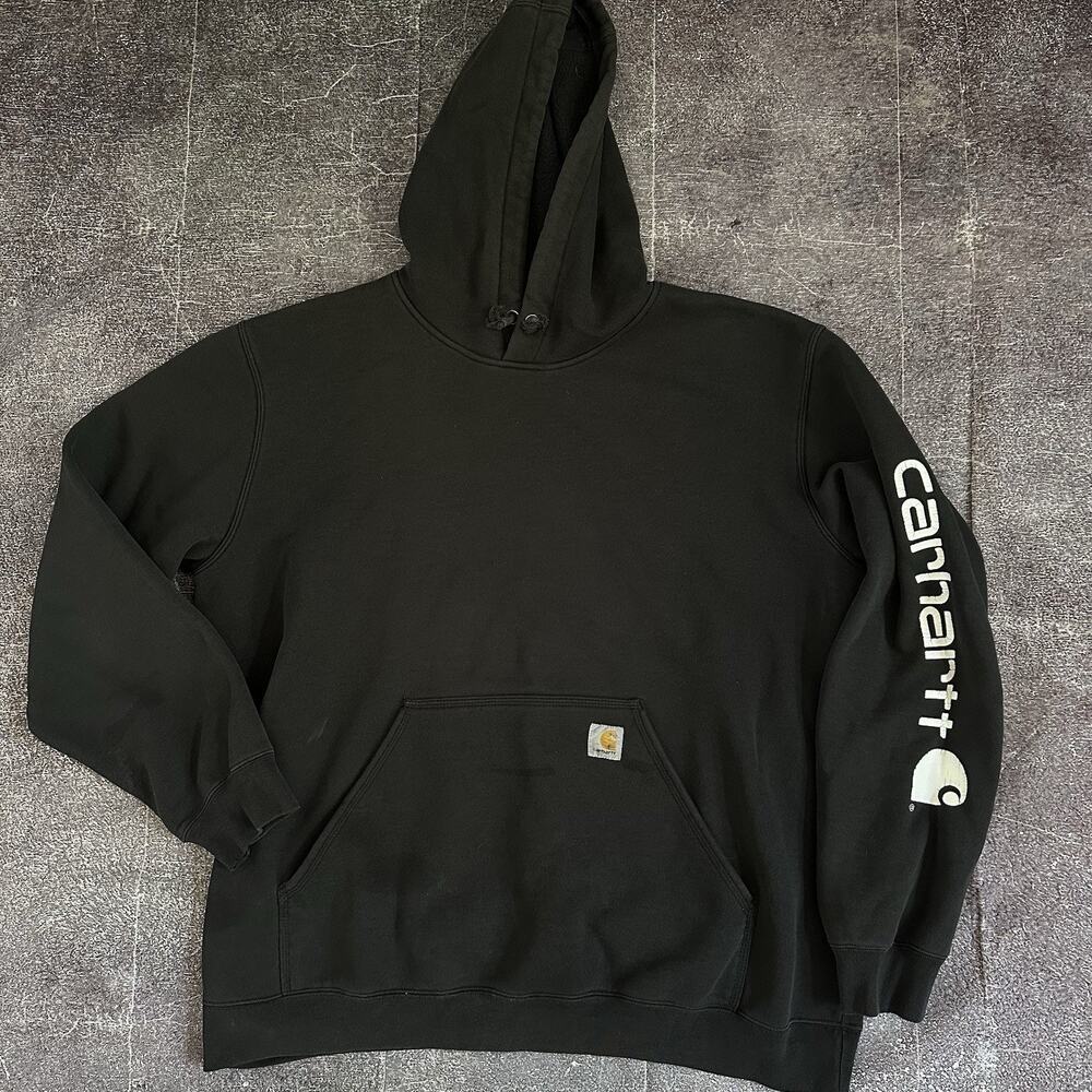 Men's Carhartt Midweight Logo Sleeve Black White Hoodie Work Sweatshirt Sz XL